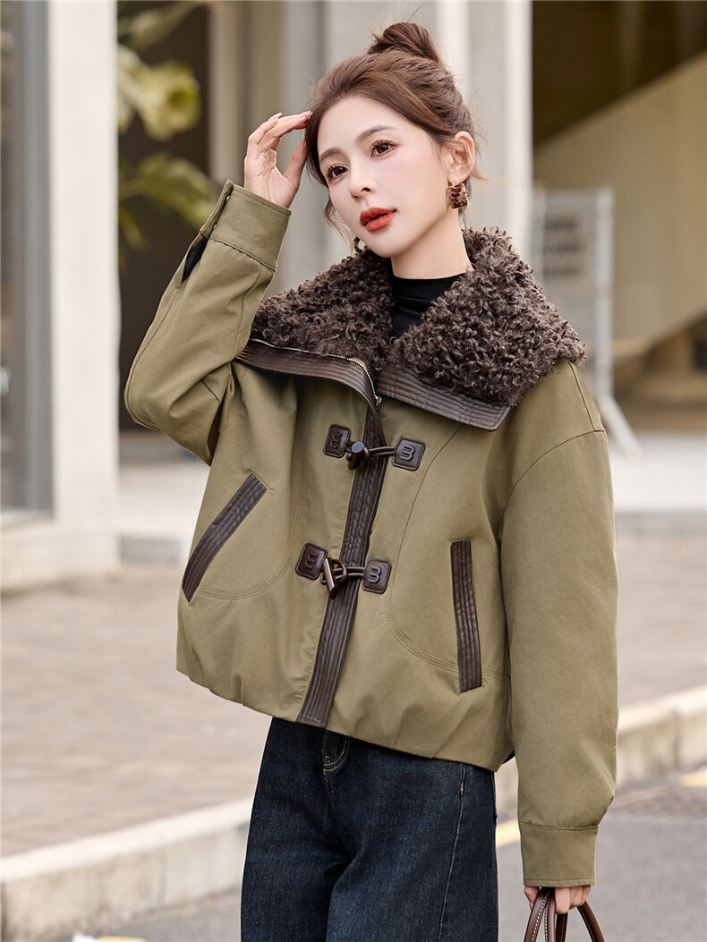 现货工装大翻领短款羽绒服女2026冬季新款加厚保暖派克服外套,女装羽绒服,美沁
