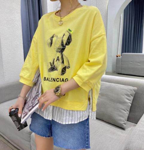 【现货】夏季新款针织衬衫拼接七分袖圆领卫衣，女装衬衫，微迪菲