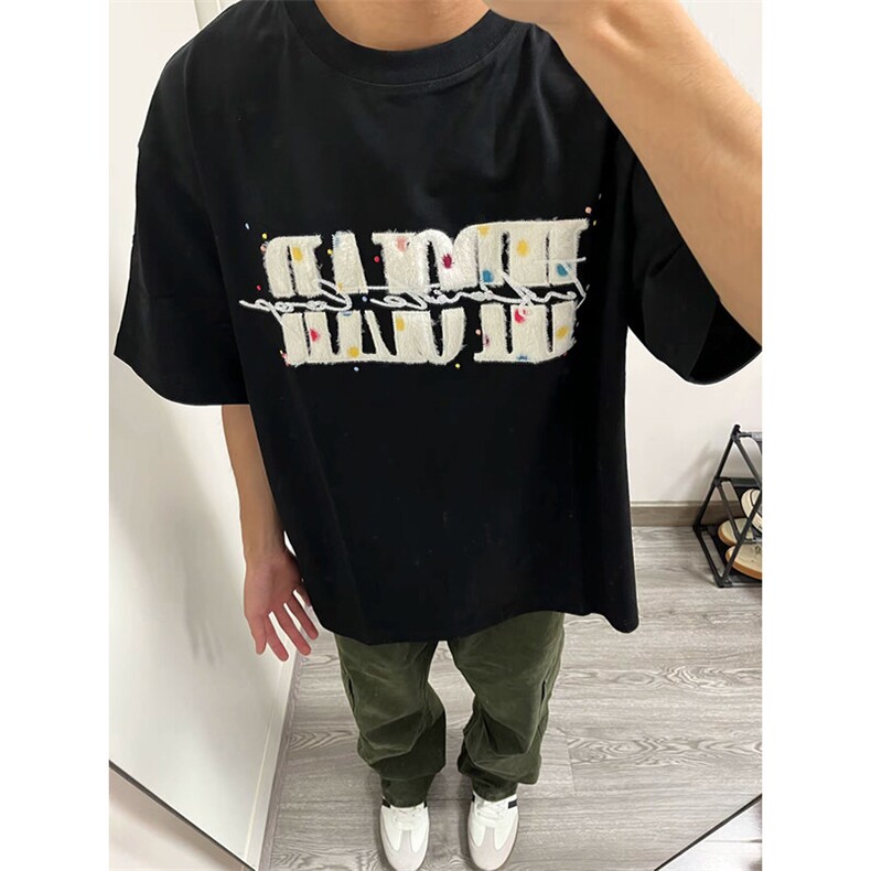 万针全刺绣工艺抖音得物高品质260克重磅纯棉双纱美式高街短袖T恤,男装T恤,电商A486-1