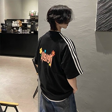 抖音得物高品质二开240克宽松纯棉美式潮牌三条杠织带短袖T恤，男装T恤，电商A486-1