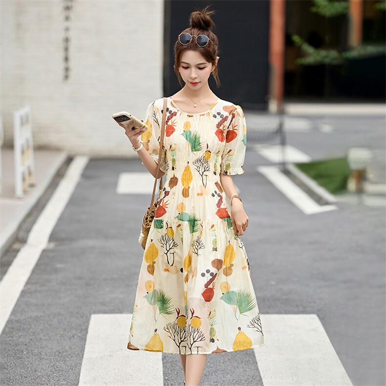 2025夏季新款时尚印花休闲韩系花朵亚麻天丝短袖连衣裙女中长裙子,女装连衣裙,布芭啦