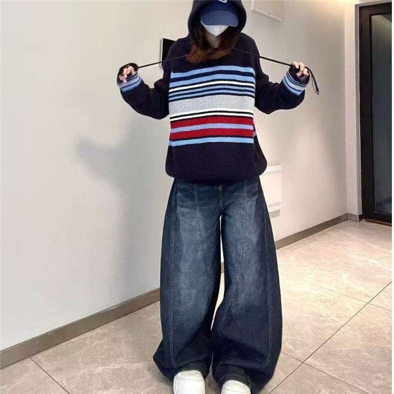 深蓝色水洗阔腿牛仔裤男女春秋季时尚潮牌宽松休闲百搭做旧直筒裤,男装牛仔裤,星座506A