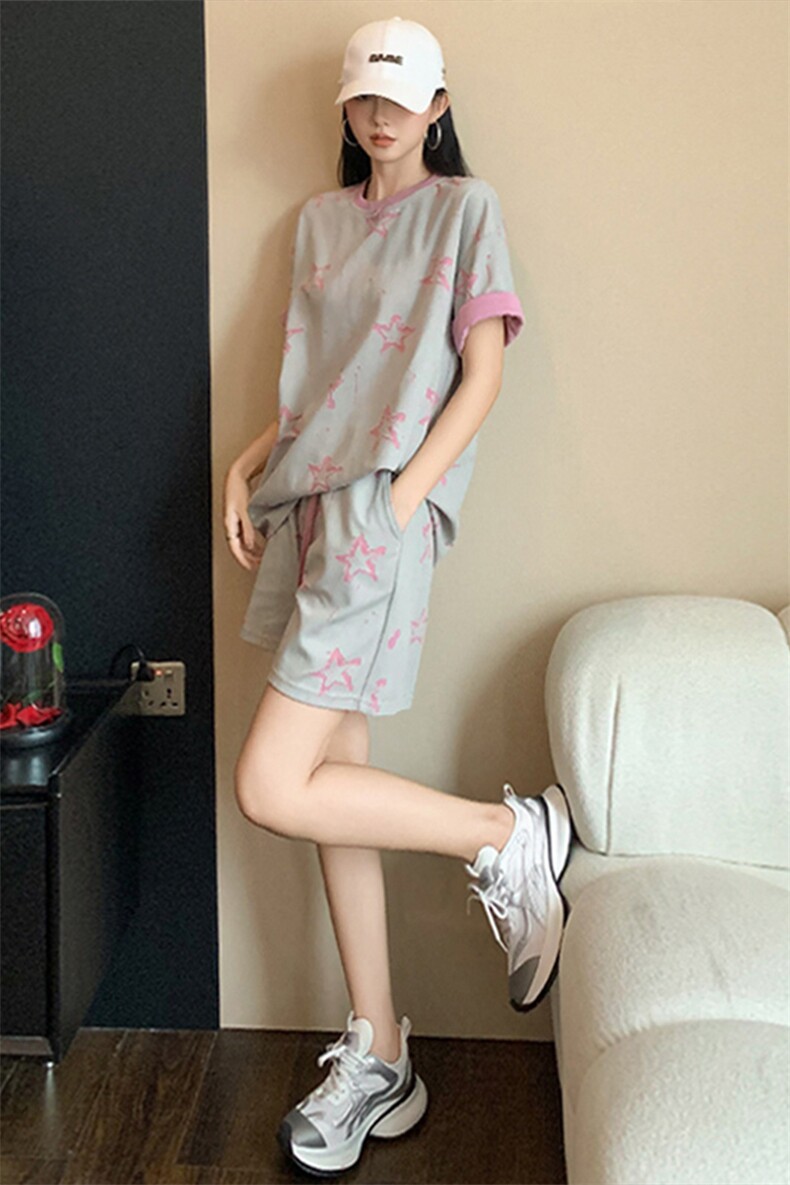 高级感时尚运动套装女夏季新款洋气减龄印花圆领短袖短裤两件套潮,女装套装/套裙,江南