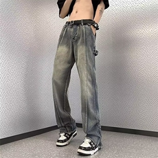 牛仔裤男美式复古欧美高街vibe宽松港风拉链开叉微喇裤子~B2225，男装牛仔裤，星座601-2