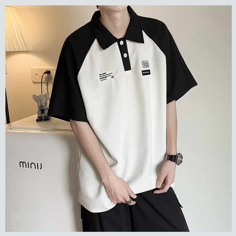 华夫格polo衫男短袖夏季潮牌撞色休闲百搭翻领宽松T恤PL015-P33,男装Polo衫,星座308B-2