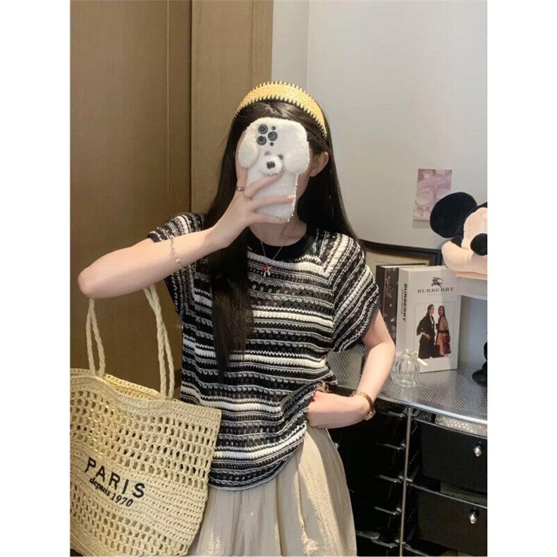 撞色条纹短袖t恤女夏新款宽松显瘦体恤时尚针织镂空上衣TS940,男装T恤,星座1116A（原606A-3）
