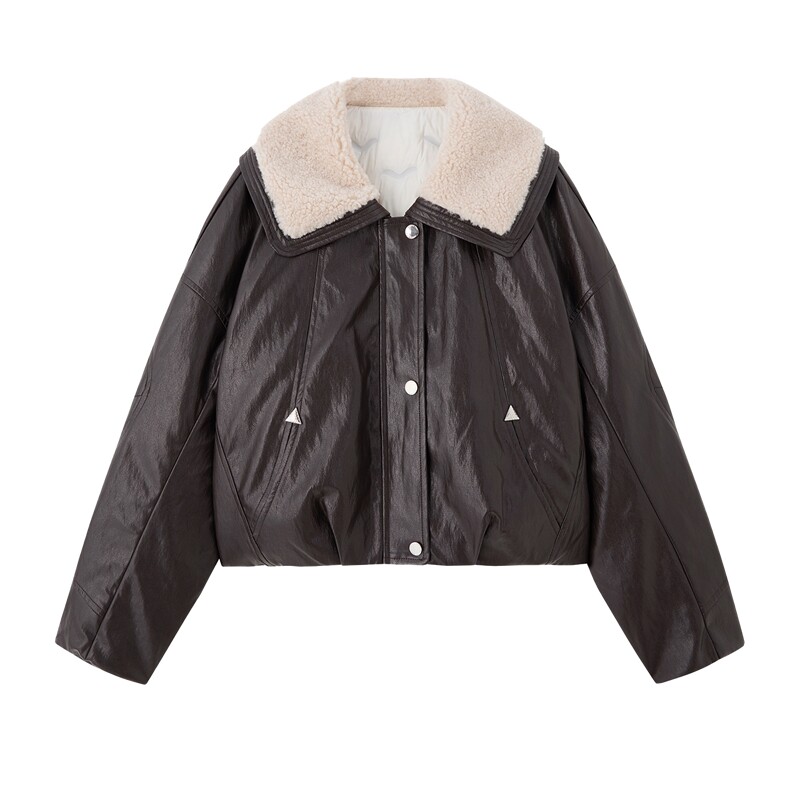 数据好90绒羽绒服。2025冬季新款PU皮羊羔毛领子90绒羽绒服外套女,女装短外套,E百度
