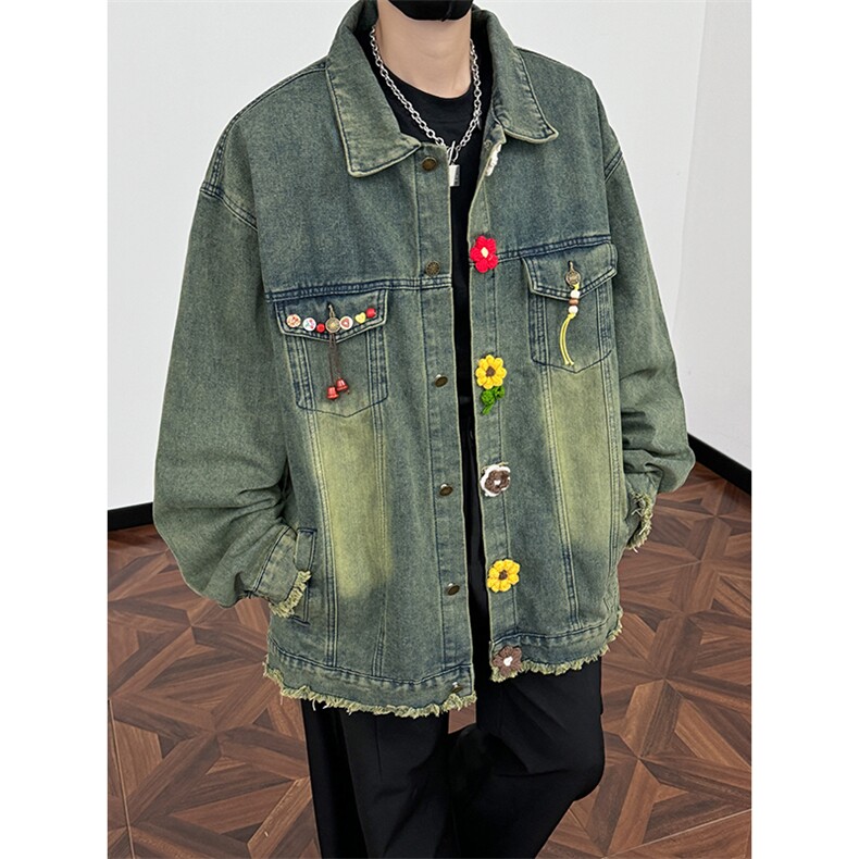 复古水洗做旧牛仔外套潮流花朵装饰纽扣设计休闲夹克，男装工装外套，星座410-6（原星座1304-1）