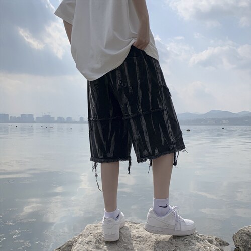 港风暗黑原宿风夏季五分裤男毛边牛仔短裤宽松休闲裤男DK101-P40，男装牛仔裤，星座1008-1