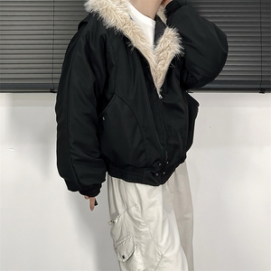 现货高品质美式高街冬季重磅硬挺短款座山雕毛领棉衣男女加厚外套图片