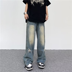 牛仔裤男款夏季美式高街vibe宽松直筒阔腿裤休闲长裤N029-P45，男装牛仔裤，星座308B-1
