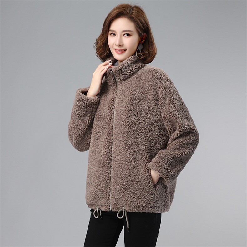 颗粒毛绒上衣2021冬新款韩版立领抽绳宽松显瘦仿羊羔毛短外套女，女装短外套，伊满意
