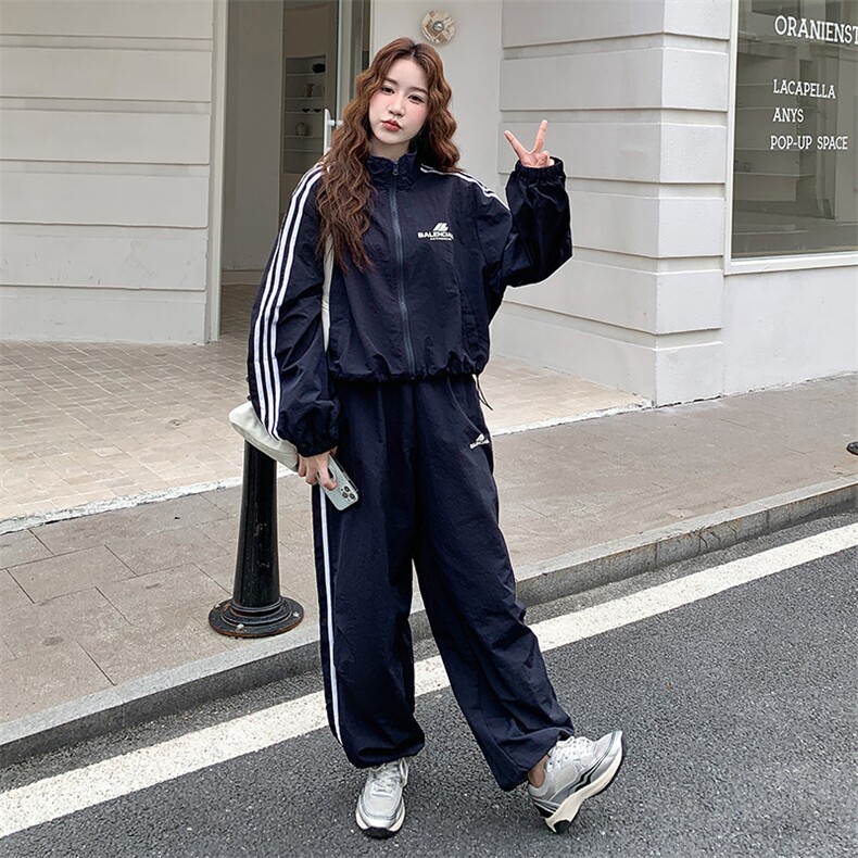 黑色韩系条纹休闲外套上衣抽绳阔腿裤两件套女秋季新款运动风套装,女装套装/套裙,浙宝305