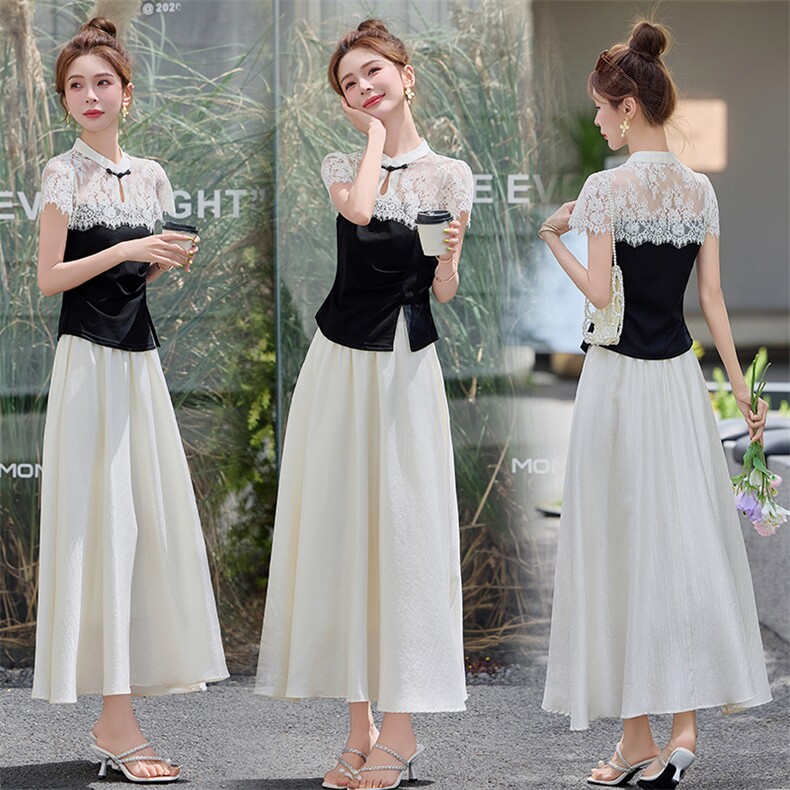 高级感复古盘扣镂空蕾丝拼接套装女2026夏新款气质时尚半身裙套装，女装套装/套裙，尚洛菲