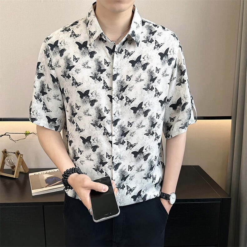 店主风~抖音2025夏季薄款冰丝蝴蝶印花中袖衬衫C282/特P33,男装衬衫,电商B331