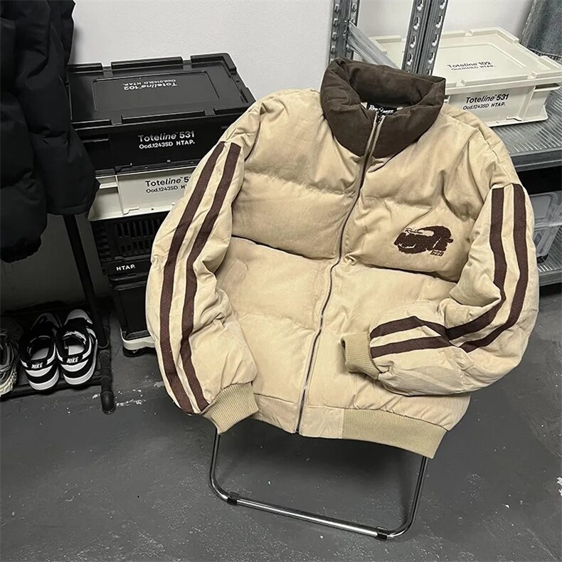 美式复古立领刺绣加厚棉服男女情侣款潮牌宽松面包服外套图片