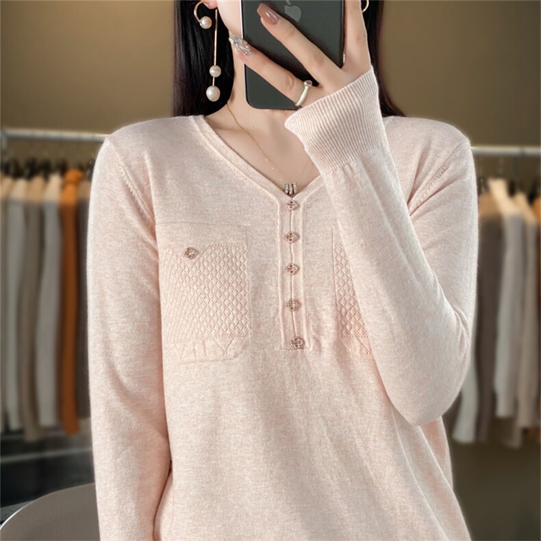 时尚女装黑色V领长袖针织衫修身显瘦花苞扣设计优雅百搭毛衣,针织衫/毛衣,暖姿羊绒