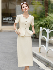 2025夏季新款短袖女装通勤小香风时尚高端显瘦收腰职业套裙两件套，女装套装/套裙，布芭啦