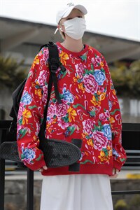 B203秋冬套头圆领东北大花风民族特色加绒保暖卫衣小衫男女潮图片