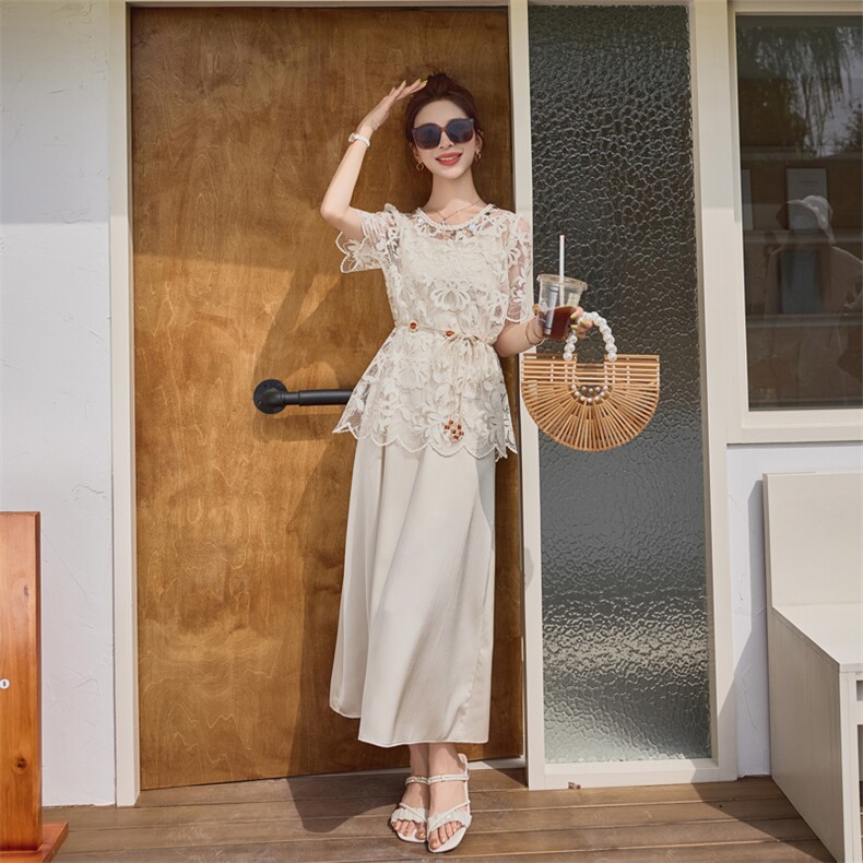 今年流行两件套连衣裙女2025夏季新款气质简约遮肉蕾丝镂空裙子，女装套装/套裙，苗苗
