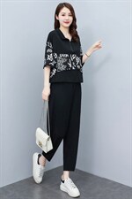 中年妈妈两件套大码减龄女装时尚2023夏季宽松显瘦花色中袖裤套装，女装套装/套裙，素月