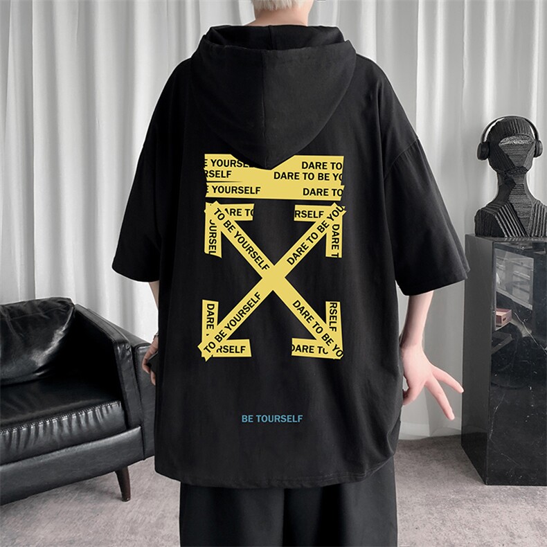 LD54127-P45连帽短袖t恤男大码胖子带帽五分袖中袖,男装T恤,电商A040