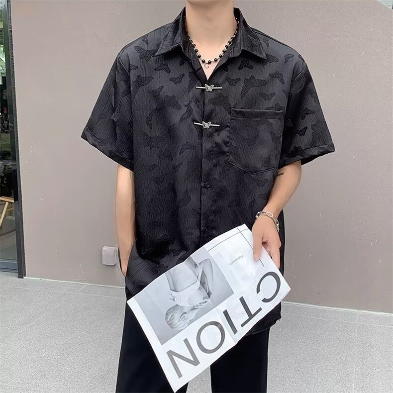 W417-P45 短袖衬衫夏季宽松潮流蝴蝶刺绣衬衣休闲新中式外套上衣图片