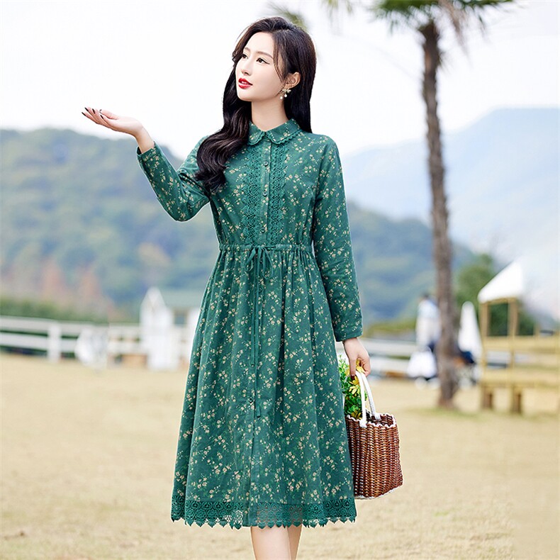 复古小碎花连衣裙女2026春装新款收腰显瘦气质娃娃领纯棉衬衫裙子,女装连衣裙,倪叶myz