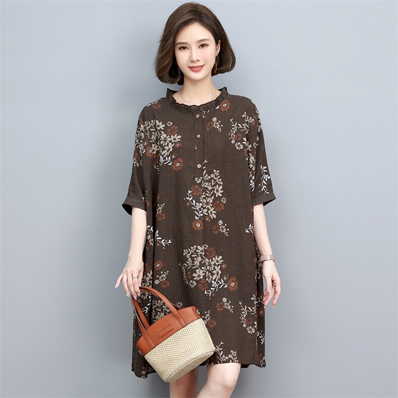 中年妈妈棉麻连衣裙女2025夏季新款宽松大码显瘦洋气印花亚麻裙子,女装连衣裙,悦见她