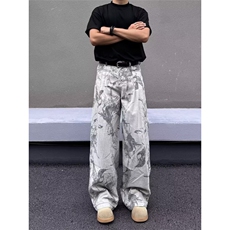 美式复古水洗做旧提花牛仔裤男女宽松直筒阔腿休闲长裤子N074-P55，男装牛仔裤，星座308B-2