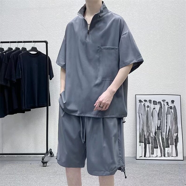 两件套套装港味宽松男装酷盐系搭配帅气短袖卫衣一套W7124-P42,男装卫衣,星座512-2