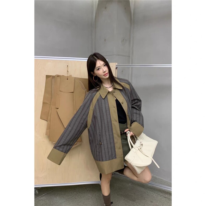新格纹拼接短款风衣2025新款舒适百搭,女装风衣,湘姗