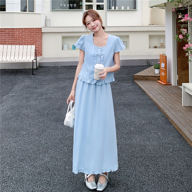 减龄蓝色花边衬衣半身裙套装女夏2025新款气质大方得体超火两件套,女装套装/套裙,2D045