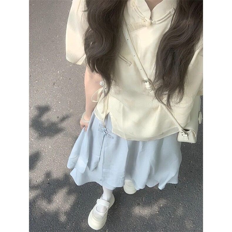 风套装夏季女盘扣禅意立领新中式超仙盘扣上衣+轻纱飘逸半身裙,女装半身裙,星座506A