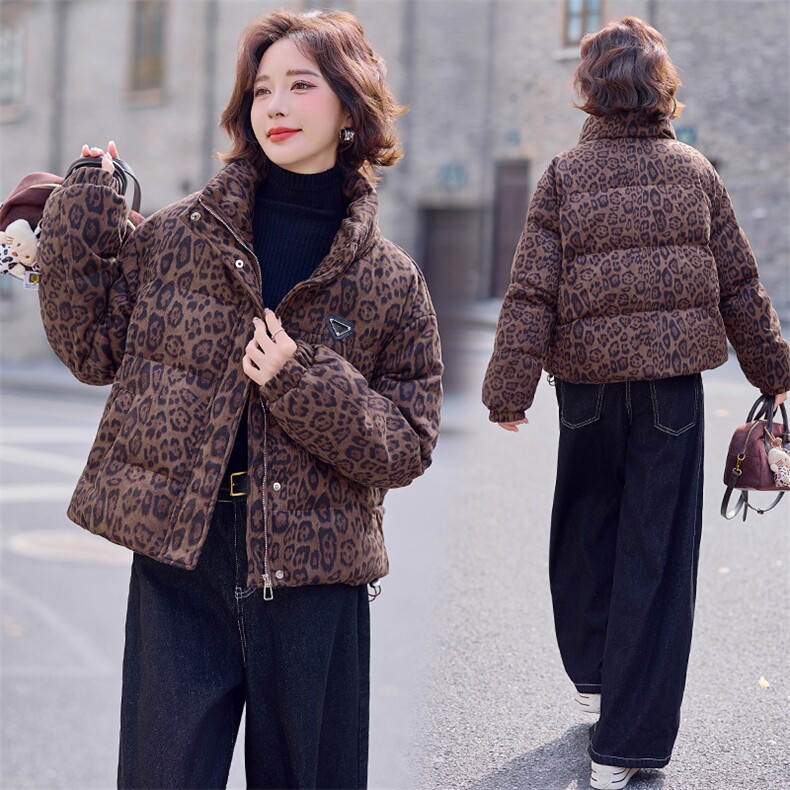 时尚豹纹立领短款羽绒服女2025冬季新款美式炸街高级感白鸭绒外套,女装羽绒服,慧尚依恋