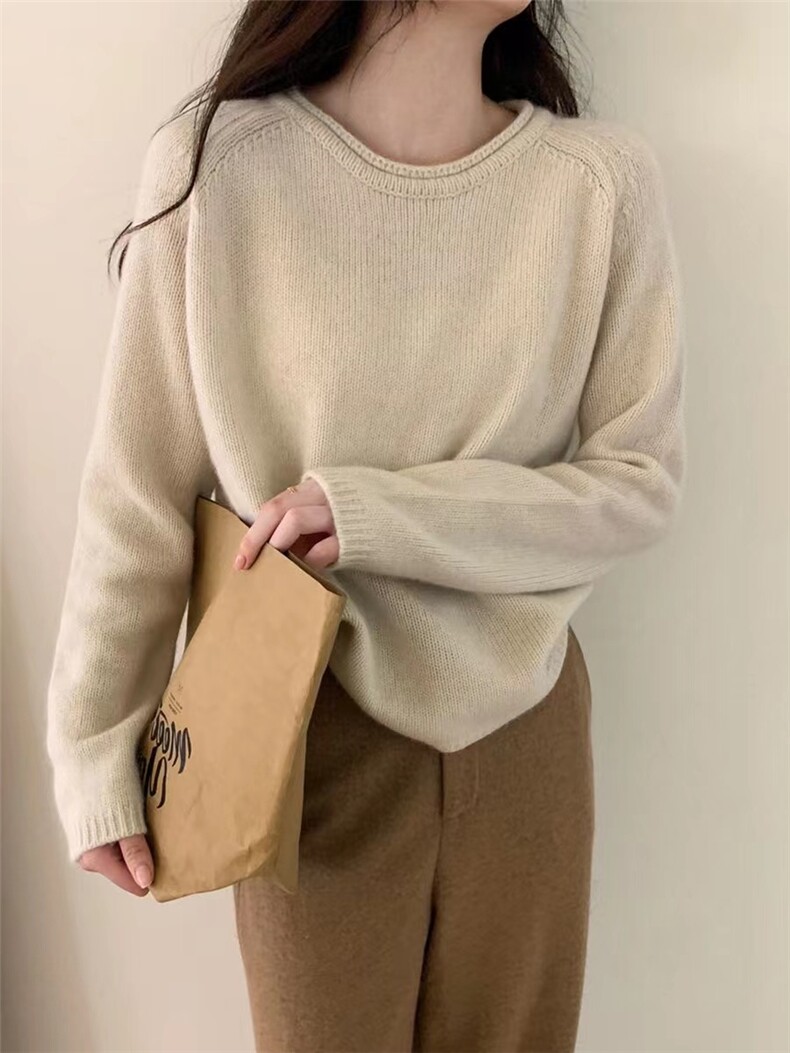 欧货高端圆领女秋冬宽松慵懒针织加厚软糯打底衫毛衣,针织衫/毛衣,半城羊绒