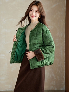 在仓~羽绒棉服2025冬季重磅提花蝴蝶扣三色圆领宽松棉袄貂毛外套图片