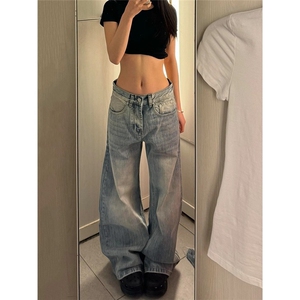高级感cleanfit竹节纹水洗弯刀牛仔裤女美式复古百搭长裤图片