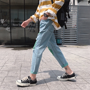 夏季绿色破洞牛仔裤男女 韩版舒适休闲裤 N/图片