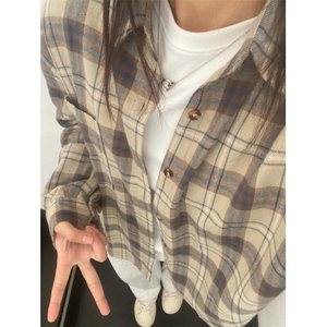 格子衬衫女内搭叠穿春秋薄外套长袖上衣格子衫复古衬衣秋 CA228图片