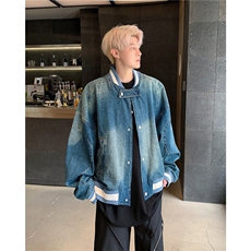 美式复古水洗宽松短款牛仔外套休闲百搭棒球服，男装工装外套，星座410-7