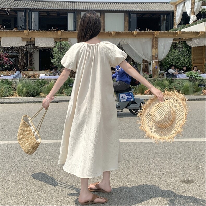 【新款】中长款杏色短泡泡袖套头连衣裙1C042-P135-K205,女装连衣裙,安在秀