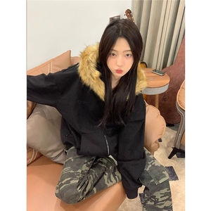 1506-1/WF061/P62复古宽松简约连帽开衫卫衣男女港风情侣毛领上衣图片