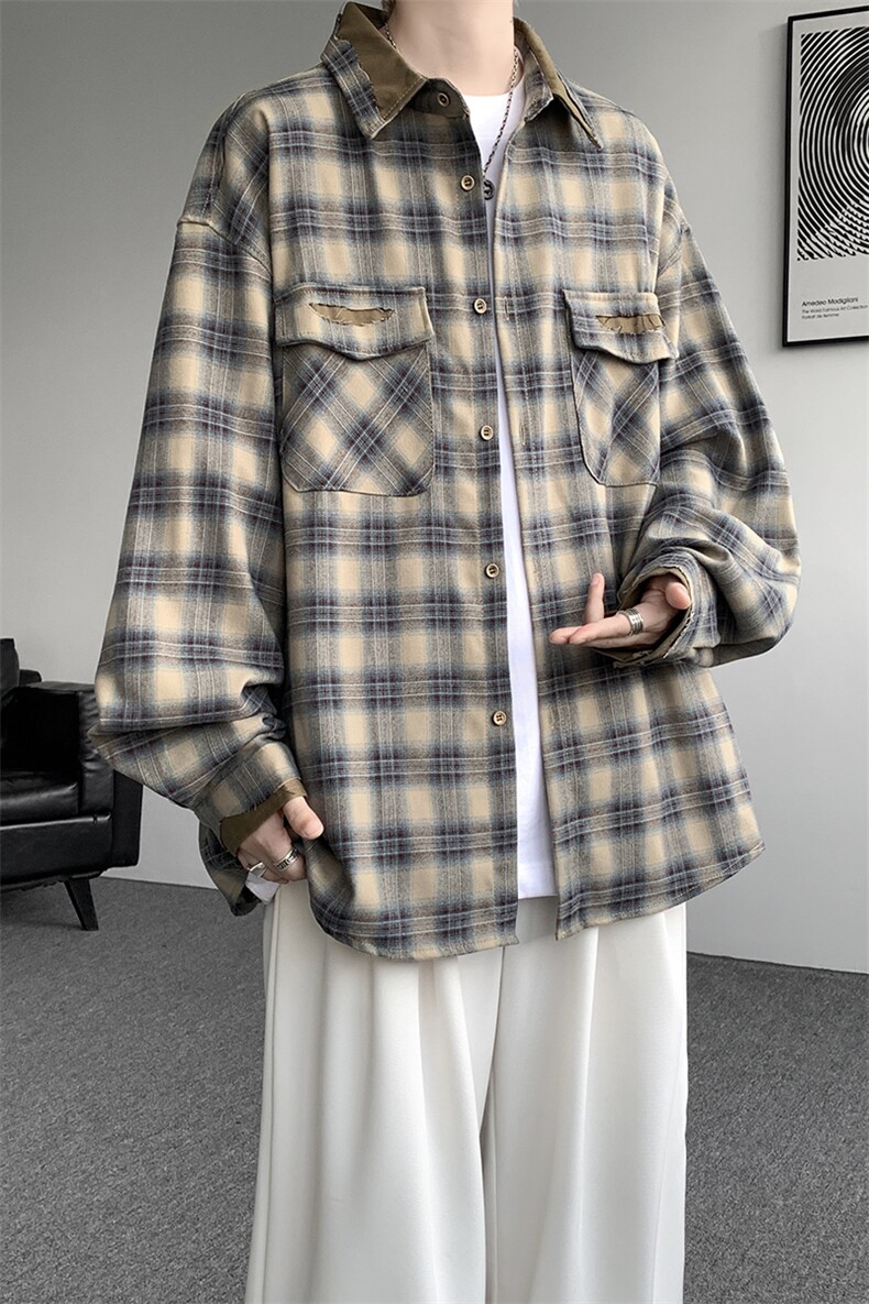 美式复古拼接撞色设计感秋季格子长袖衬衣男宽松衬衣CS538P65,男装衬衫,电商D206-1