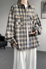 美式复古拼接撞色设计感秋季格子长袖衬衣男宽松衬衣CS538P65，男装衬衫，电商D206-1