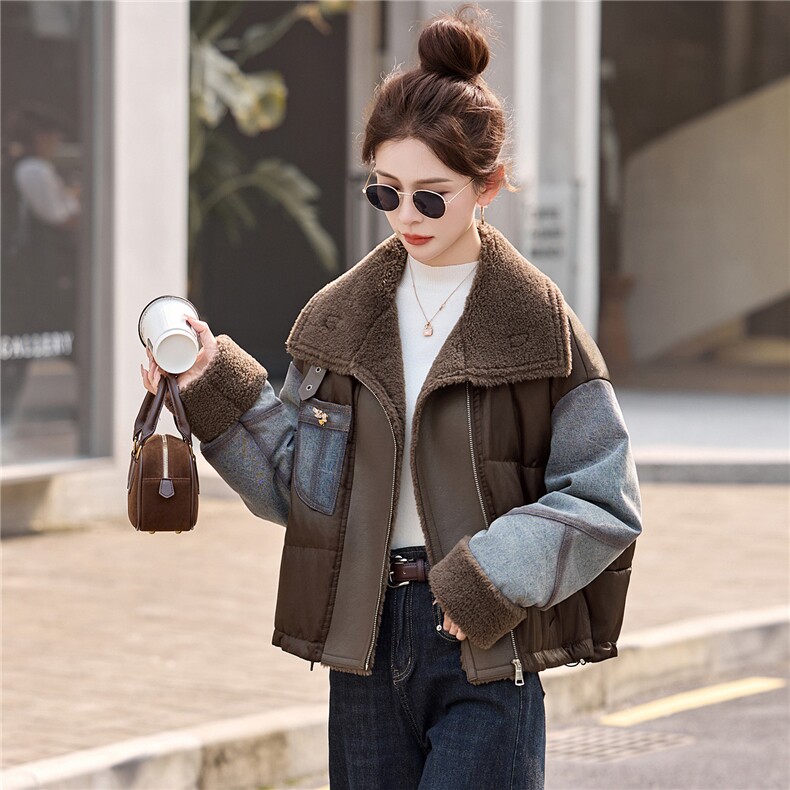 牛仔拼接短款羽绒服女2025冬季新款翻领加厚保暖羽绒外套,女装羽绒服,沁沁公主