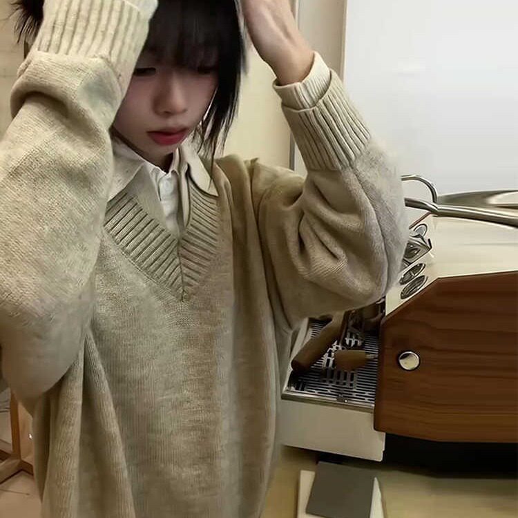 深灰色假两件针织衫男秋冬老钱风穿搭毛衣慵懒高级感V领长袖上衣,男装针织衫/毛衣,星座1210-1