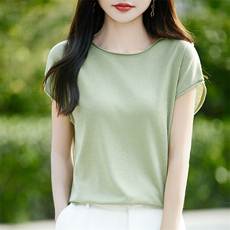 高级感简约圆领针织小飞袖T恤女2025新款宽松显瘦百搭短袖t恤上衣，女装针织衫/毛衣，羿纯羊绒