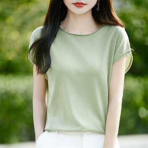 高级感简约圆领针织小飞袖T恤女2025新款宽松显瘦百搭短袖t恤上衣图片