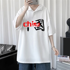 LD54189-P45 连帽短袖t恤男大码胖子带帽五分袖中袖图片